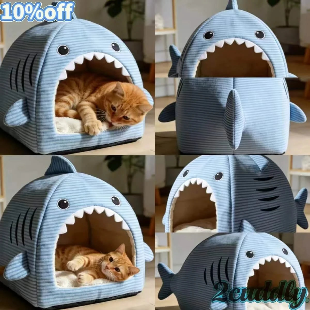 Adorable Cat Bed, Shark Shape, Spacious Interior, Blue Striped Fabric, All-Season