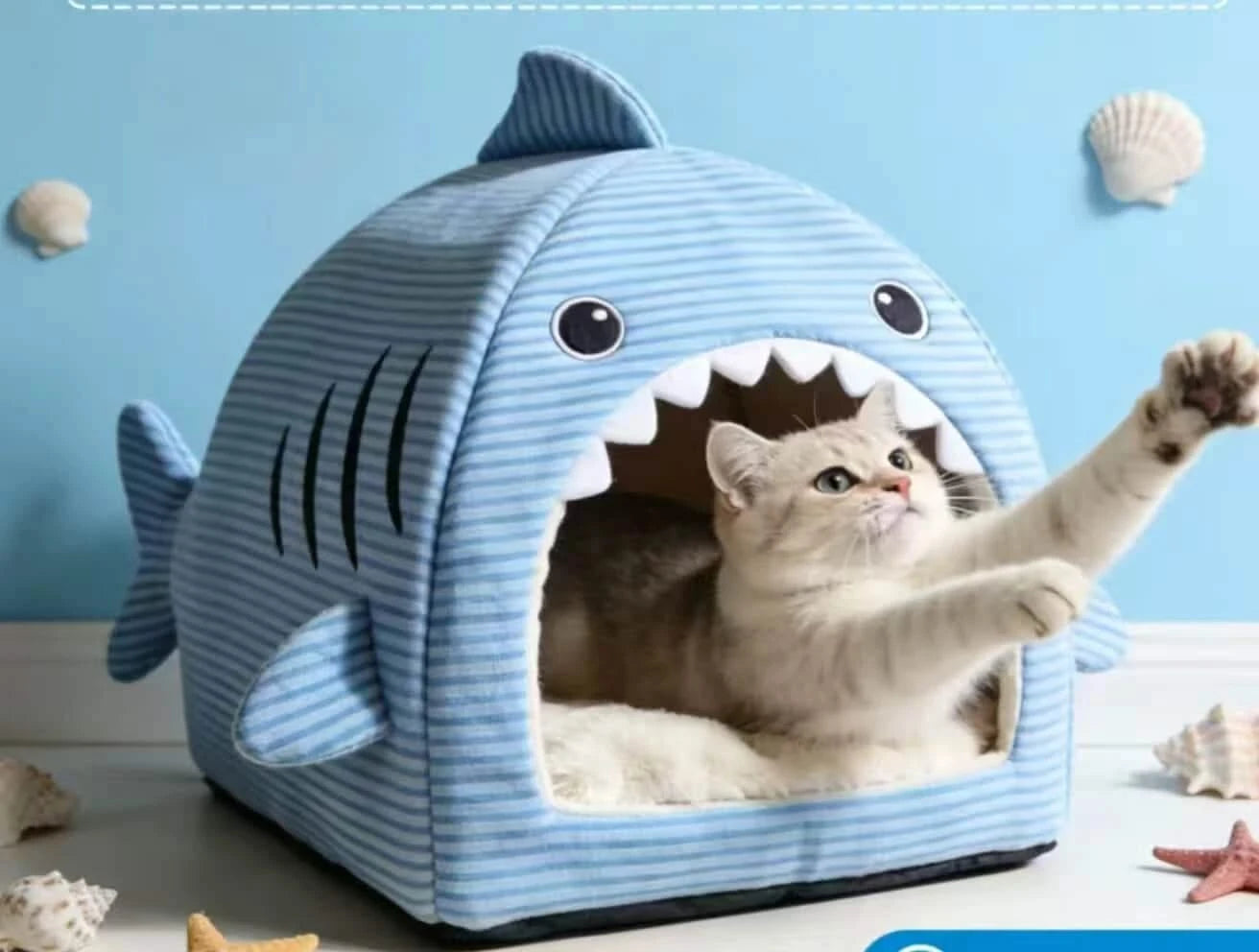 Adorable Cat Bed, Shark Shape, Spacious Interior, Blue Striped Fabric, All-Season