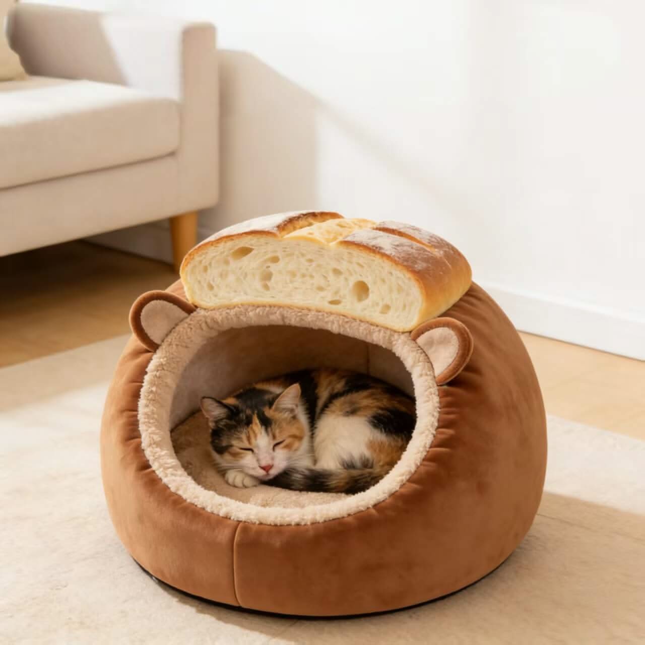  Cat Bed, Bread Shape, Plush Fabric, Brown/Beige, Winter Baking Cozy