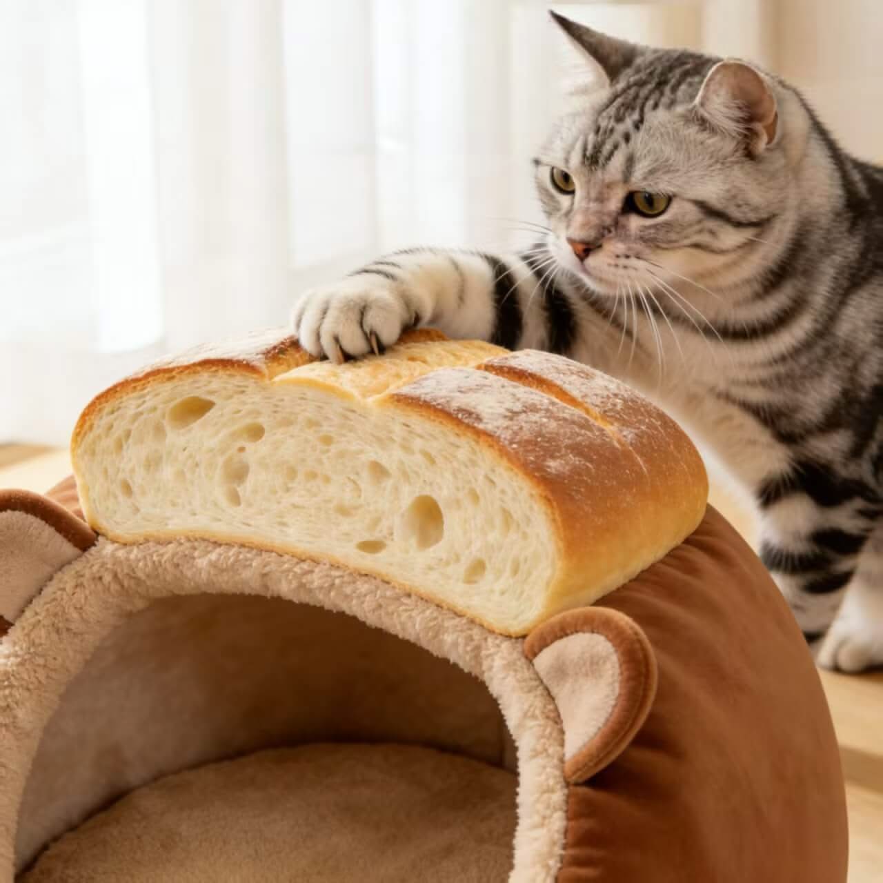  Cat Bed, Bread Shape, Plush Fabric, Brown/Beige, Winter Baking Cozy