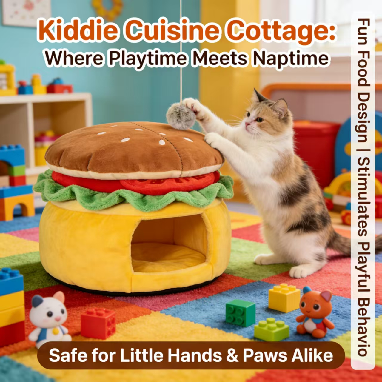 Cat Bed, Burger Shape, Non-Toxic Fabric, Yellow/Brown, Playtime + Naptime, Pet Safe
