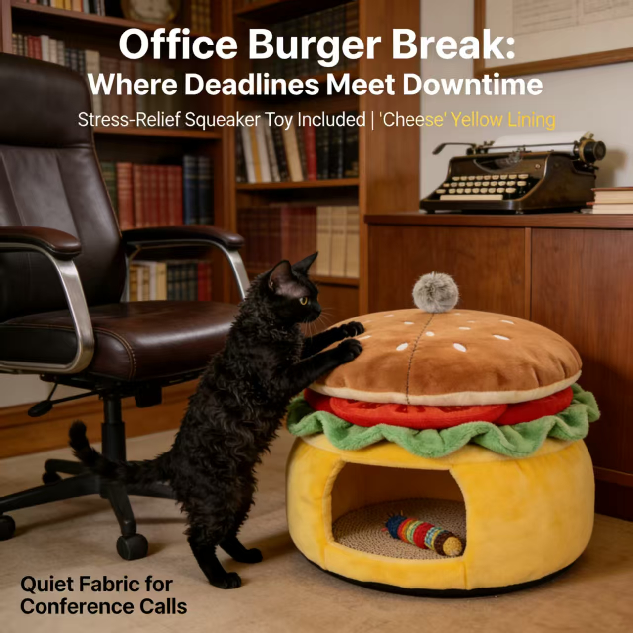 Cat Bed, Burger Shape, Non-Toxic Fabric, Yellow/Brown, Playtime + Naptime, Pet Safe