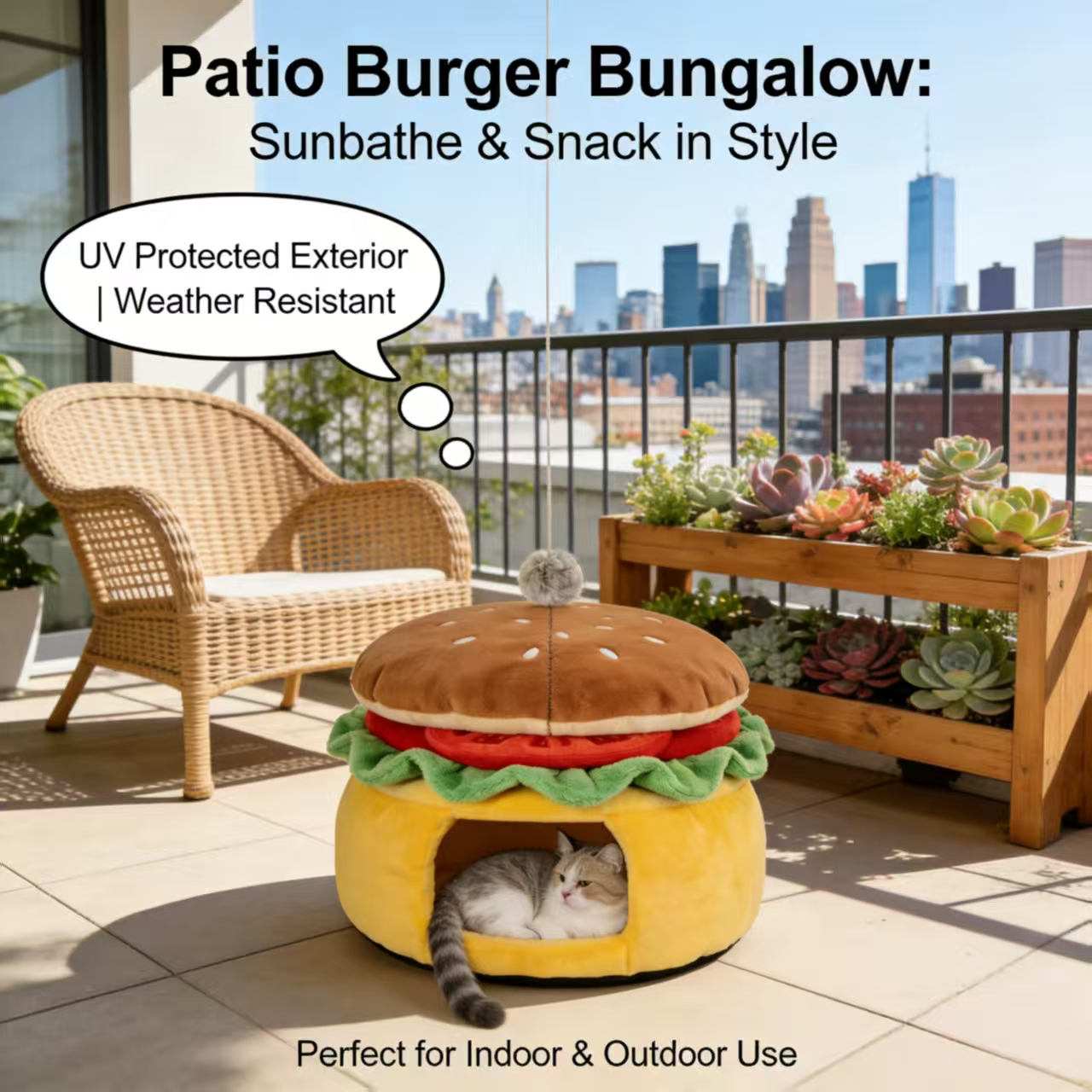 Cat Bed, Burger Shape, Non-Toxic Fabric, Yellow/Brown, Playtime + Naptime, Pet Safe