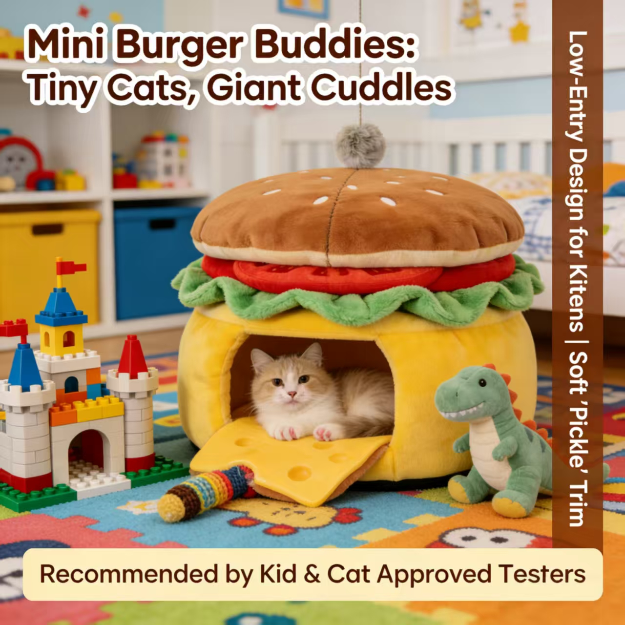 Cat Bed, Burger Shape, Non-Toxic Fabric, Yellow/Brown, Playtime + Naptime, Pet Safe