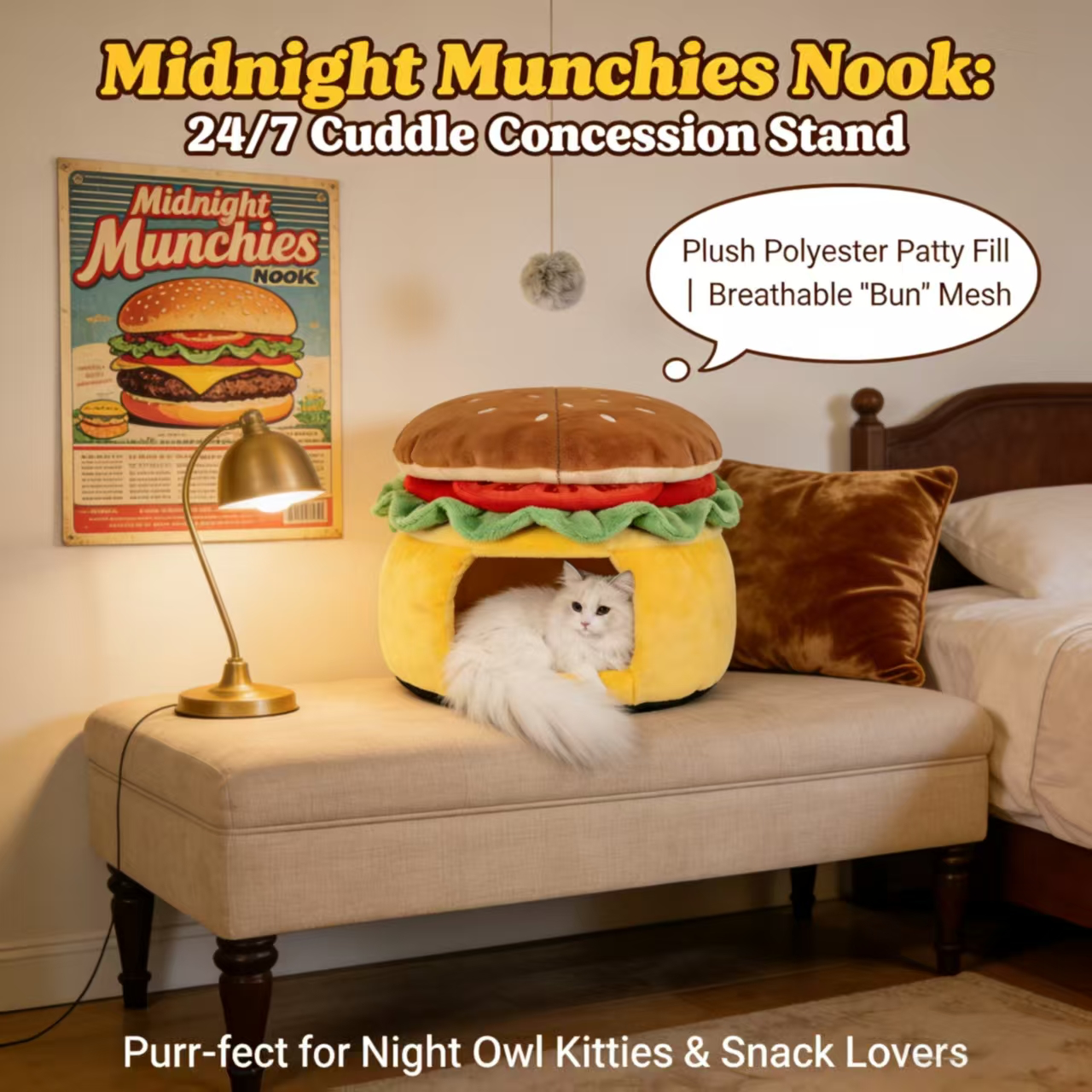 Cat Bed, Burger Shape, Non-Toxic Fabric, Yellow/Brown, Playtime + Naptime, Pet Safe