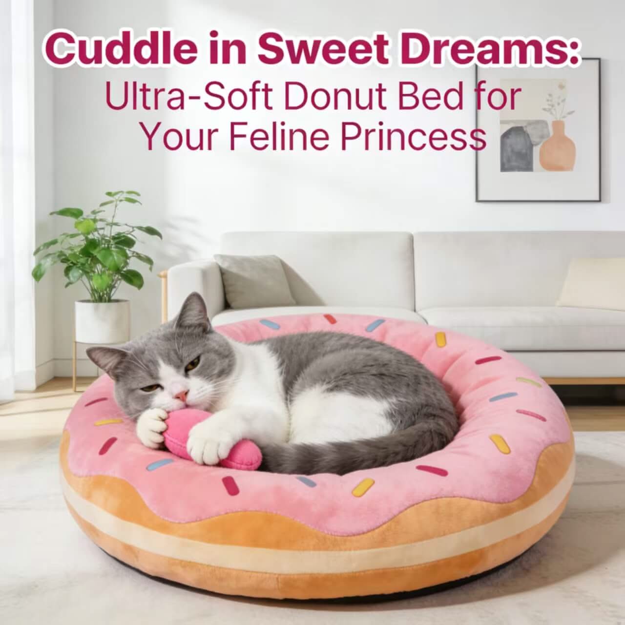  Cat Bed, Donut Shape, Plush Material, White/Pink, Pastry-Themed, Sweet Dreams Nest