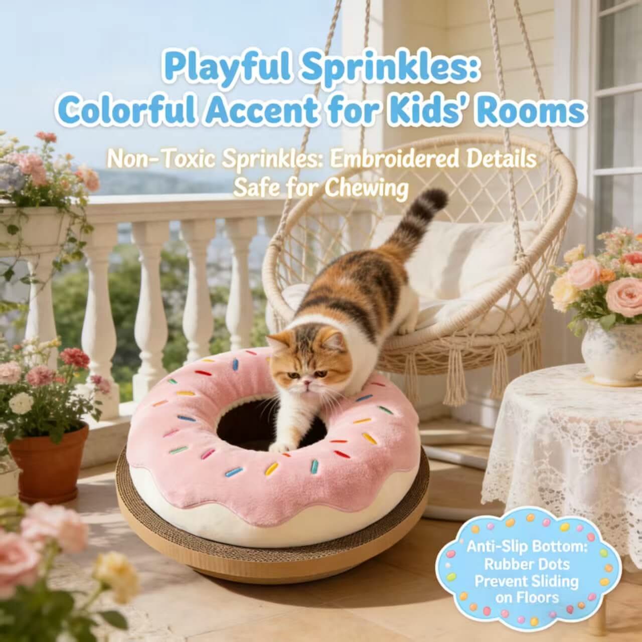  Cat Bed, Donut Shape, Plush Material, White/Pink, Pastry-Themed, Sweet Dreams Nest