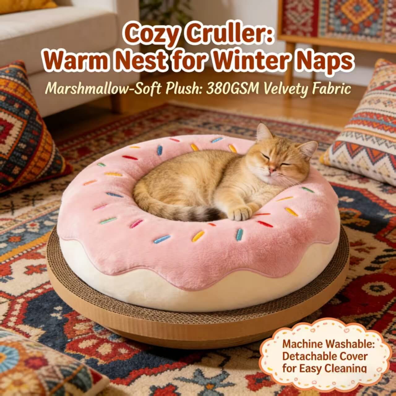  Cat Bed, Donut Shape, Plush Material, White/Pink, Pastry-Themed, Sweet Dreams Nest