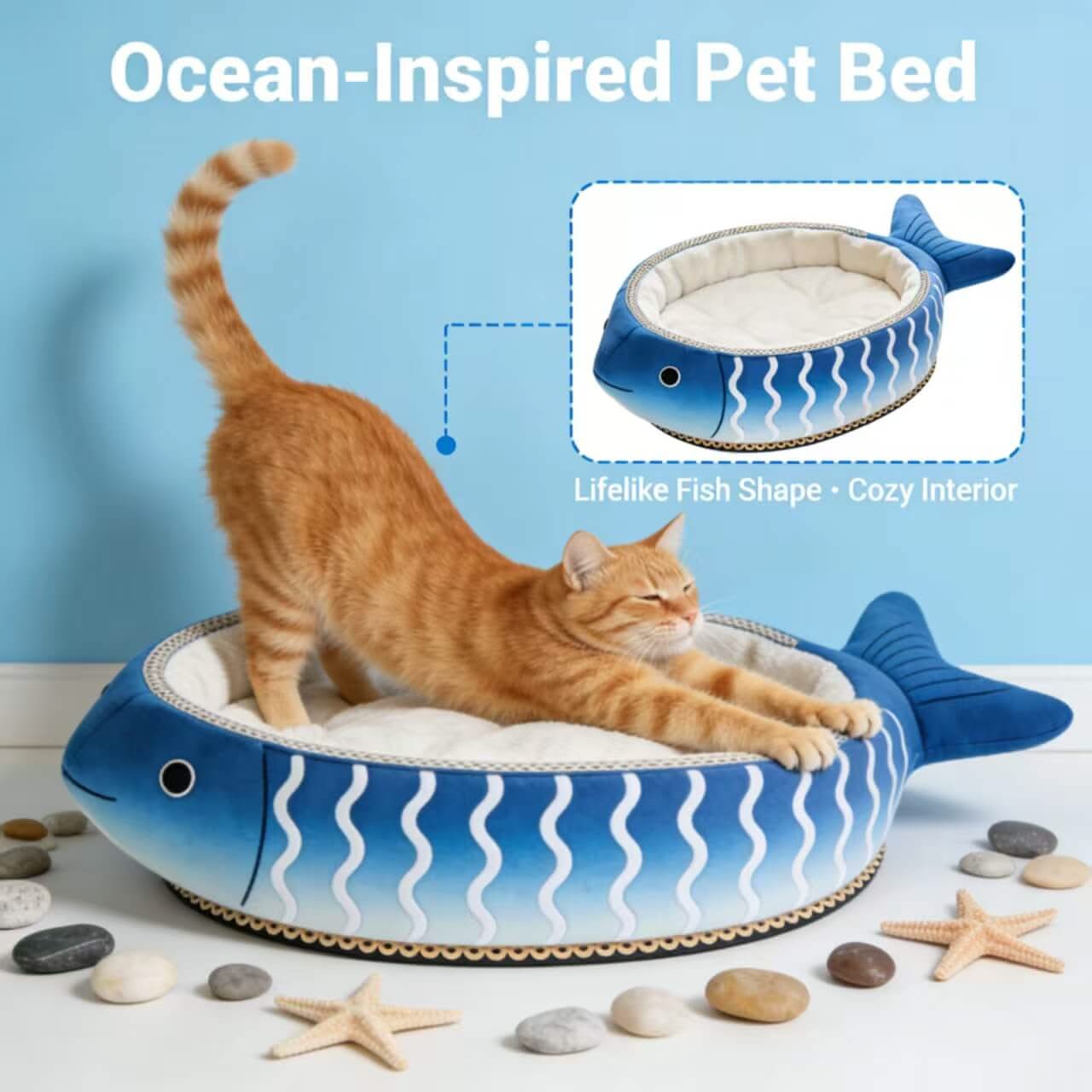 Ocean-Themed Cat Bed, Fish Structure, Non-Slip Base, Blue, Plush Details, Aquatic Nest