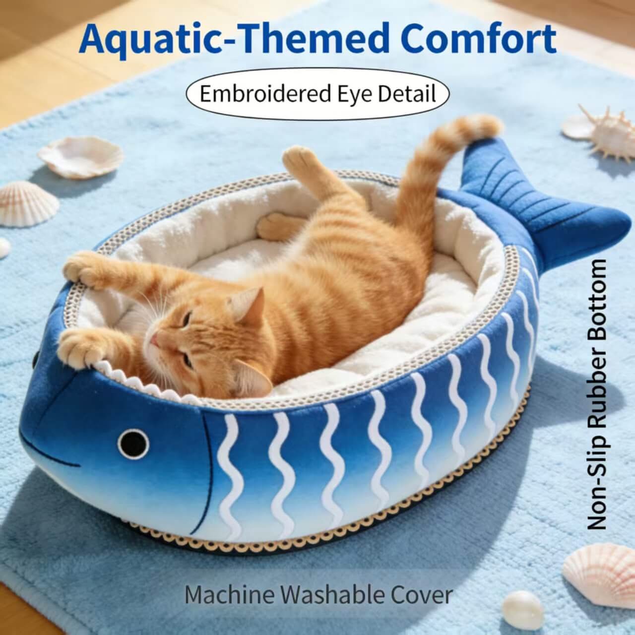 Ocean-Themed Cat Bed, Fish Structure, Non-Slip Base, Blue, Plush Details, Aquatic Nest