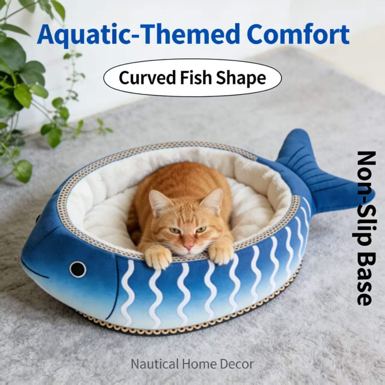 Ocean-Themed Cat Bed, Fish Structure, Non-Slip Base, Blue, Plush Details, Aquatic Nest