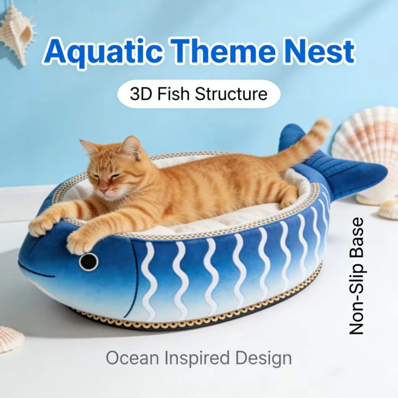 Ocean-Themed Cat Bed, Fish Structure, Non-Slip Base, Blue, Plush Details, Aquatic Nest