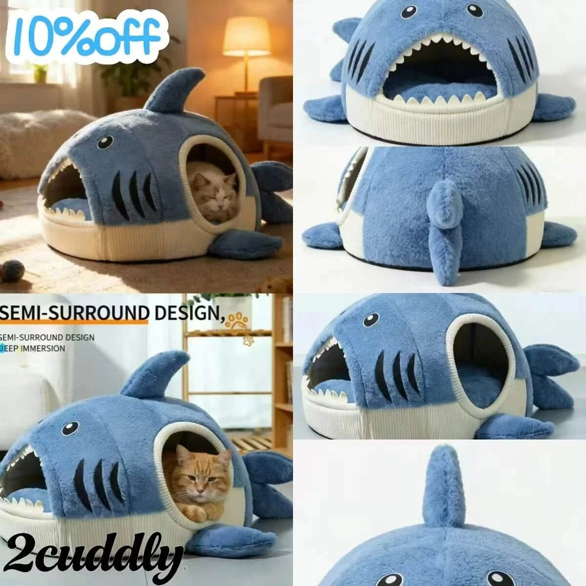  Cat Bed, Shark Shape, Fluffy Plush, Blue/White, Open Mouth Entrance, All-Season