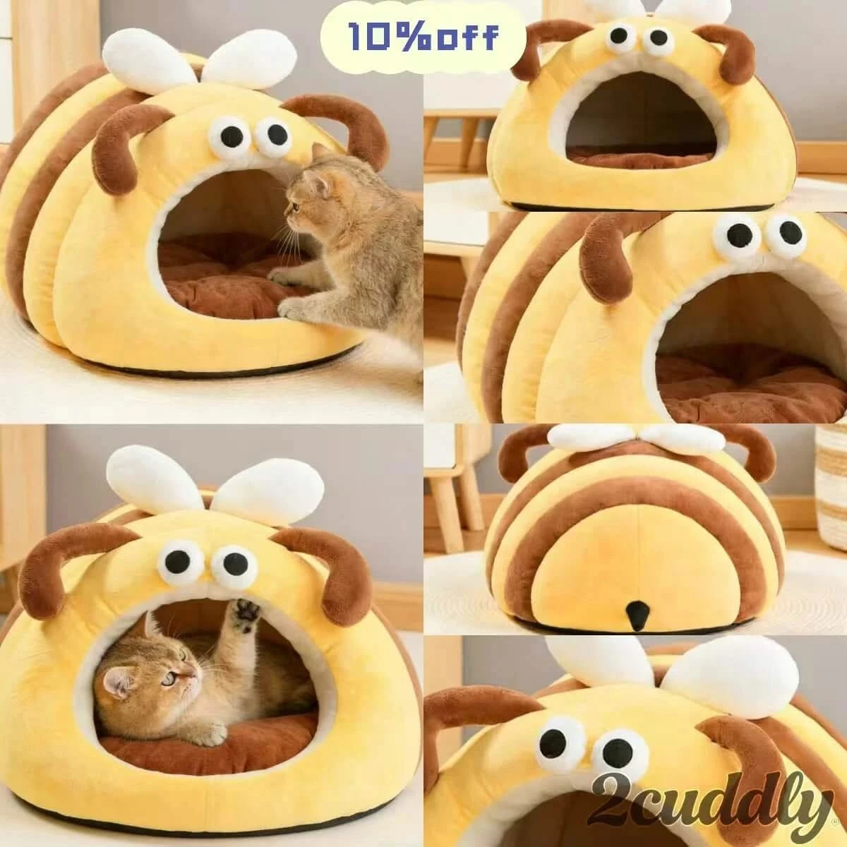 Cat Bed, Bee Shape, Soft Plush, Yellow/Brown, Fluffy Accents, Playful Nest
