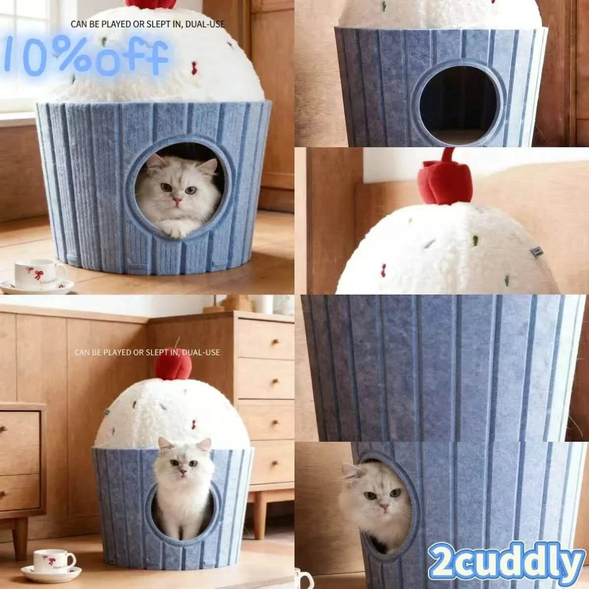 Multi-Functional Cat Bed, Cupcake Shape, Play/Sleep Dual Purpose, Felt & Plush