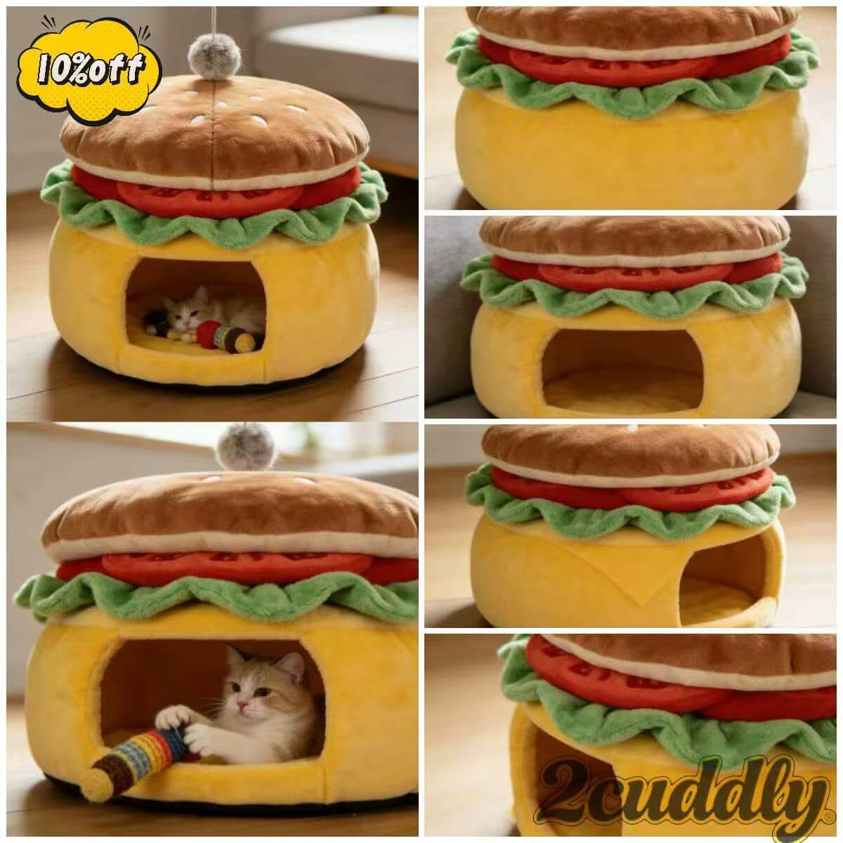 Cat Bed, Burger Shape, Non-Toxic Fabric, Yellow/Brown, Playtime + Naptime, Pet Safe