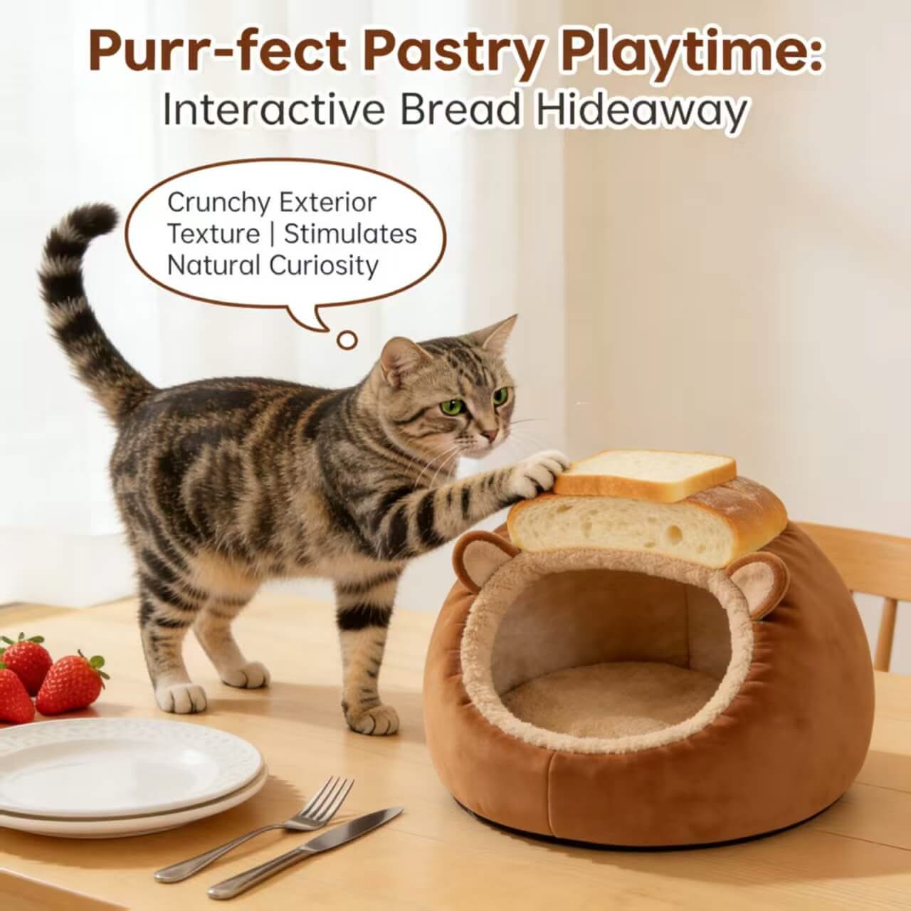  Cat Bed, Bread Shape, Plush Fabric, Brown/Beige, Winter Baking Cozy