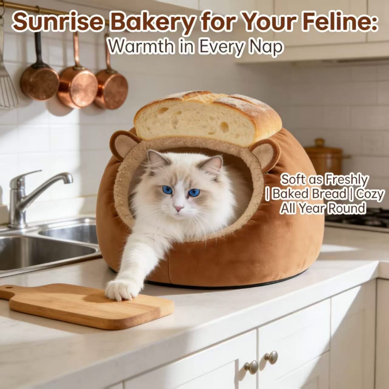  Cat Bed, Bread Shape, Plush Fabric, Brown/Beige, Winter Baking Cozy