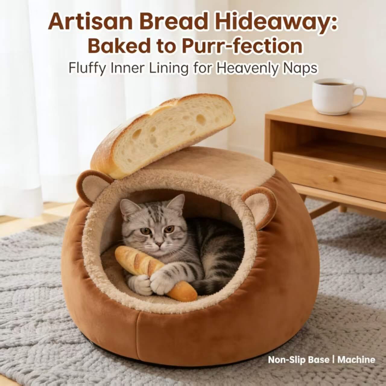  Cat Bed, Bread Shape, Plush Fabric, Brown/Beige, Winter Baking Cozy