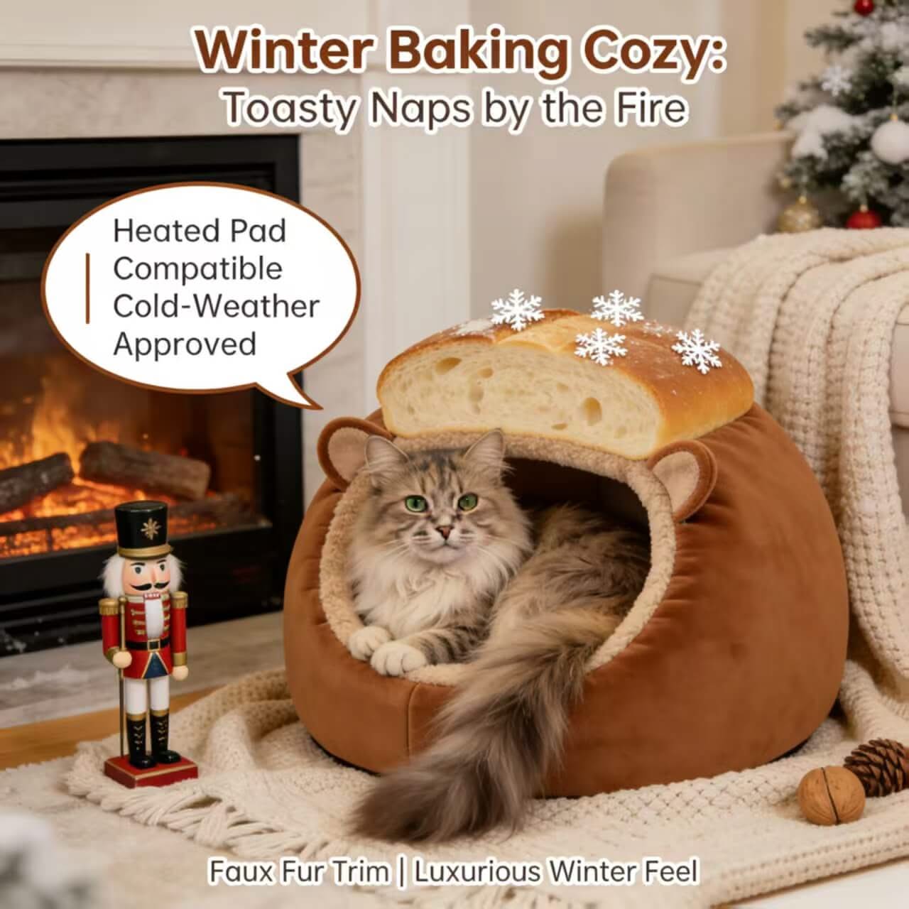  Cat Bed, Bread Shape, Plush Fabric, Brown/Beige, Winter Baking Cozy
