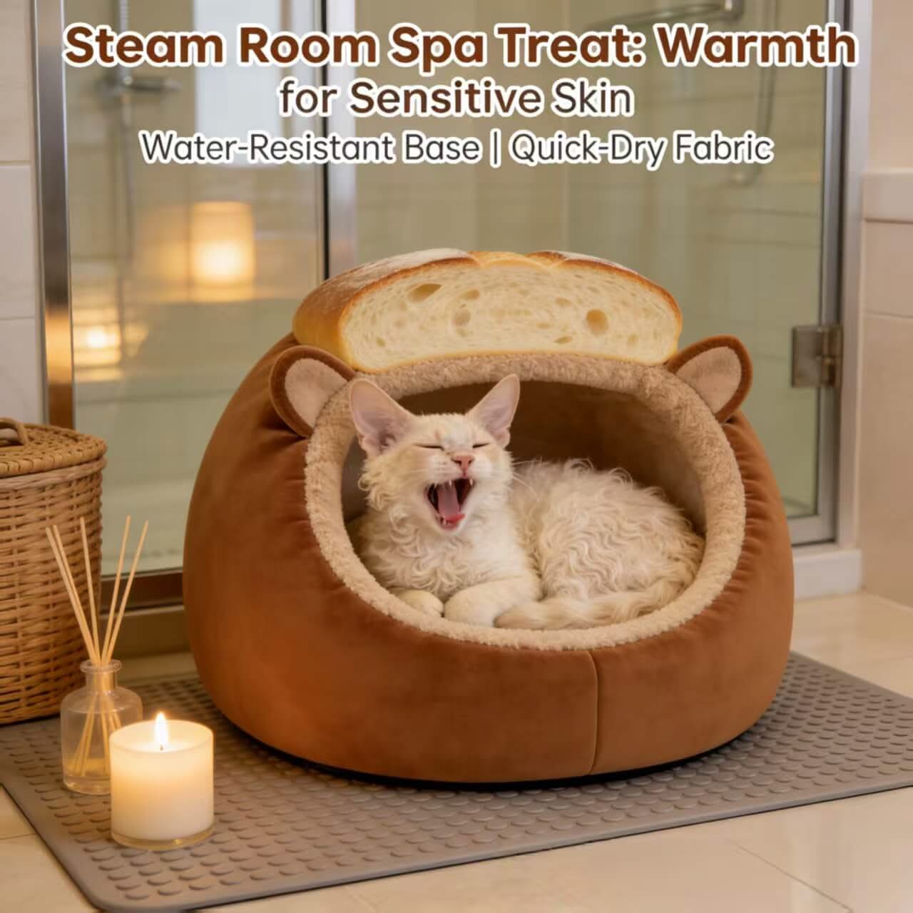  Cat Bed, Bread Shape, Plush Fabric, Brown/Beige, Winter Baking Cozy