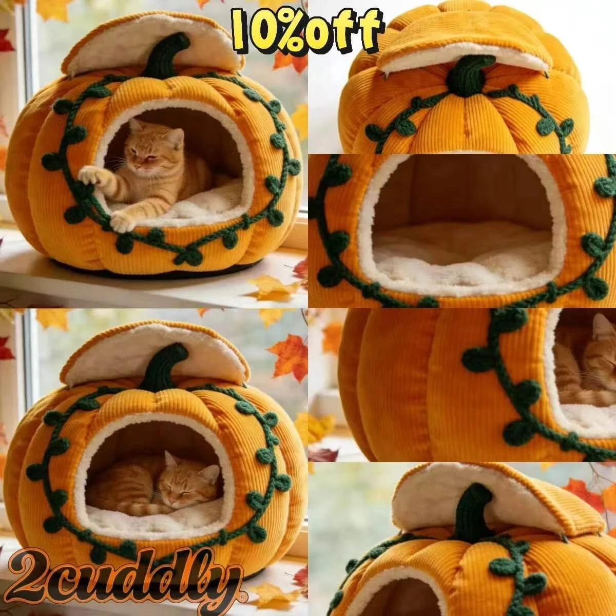  Fall-Themed Cat Bed, Pumpkin Cave Design, Soft Plush, Yellow, Harvest Season Decor, Cozy Nest