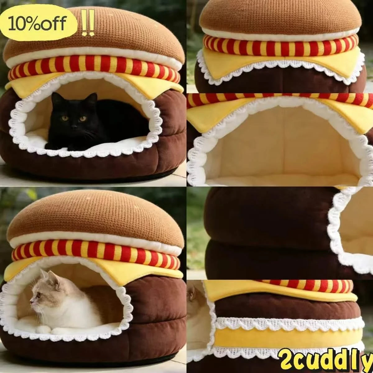Countertop Cat Bed, Burger Design Cave, Food-Safe Plush, Non-Toxic Material