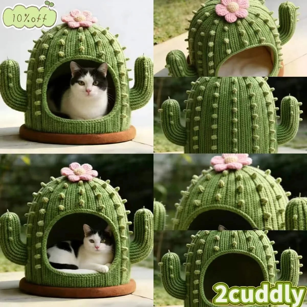 Stylish Cat Bed, Cactus Design Cave,  Green, Machine Washable, Statement Piece