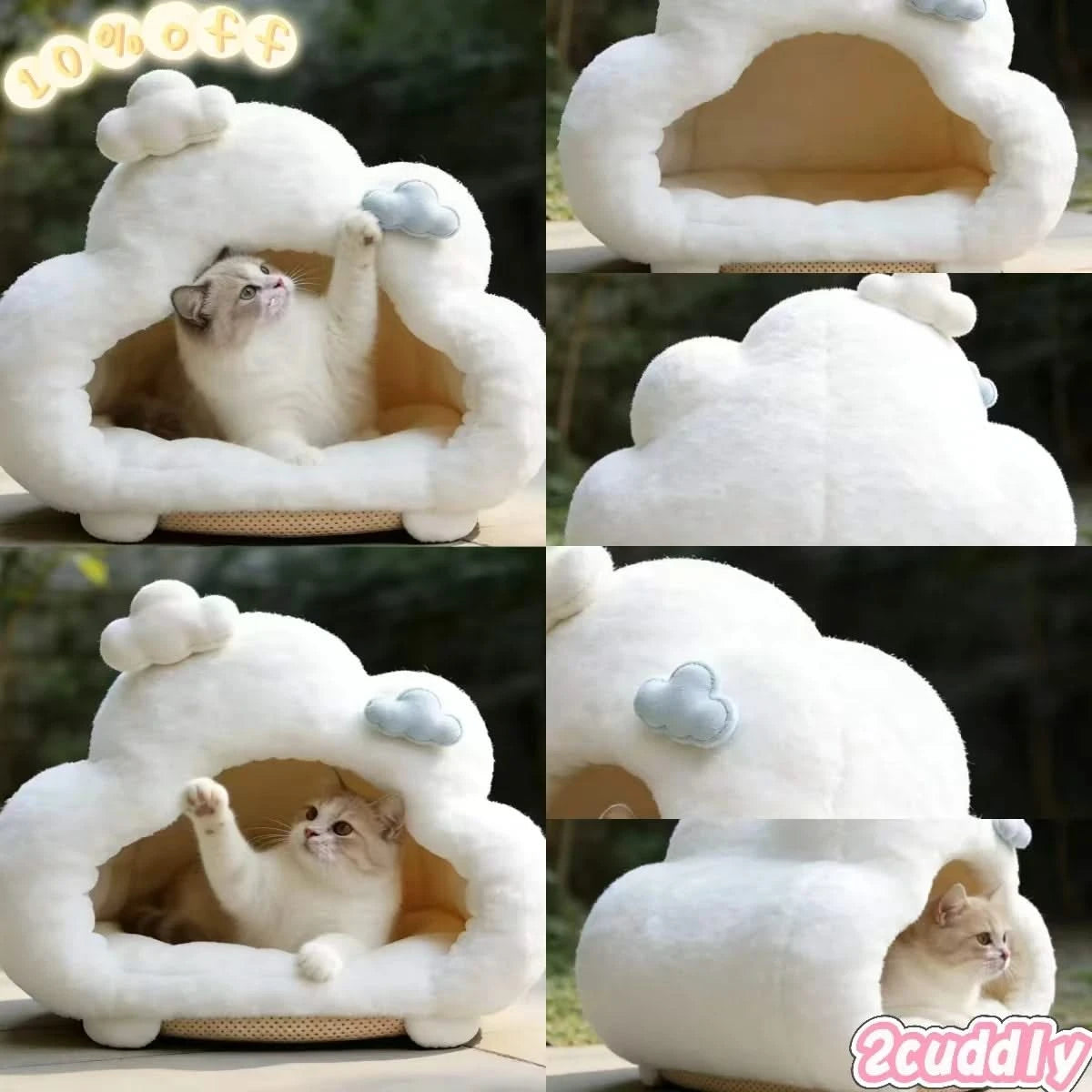 Starry Cat Bed, Cloud Design, Glow Accents, Ultra-Soft Fleece, White, Nighttime Comfort