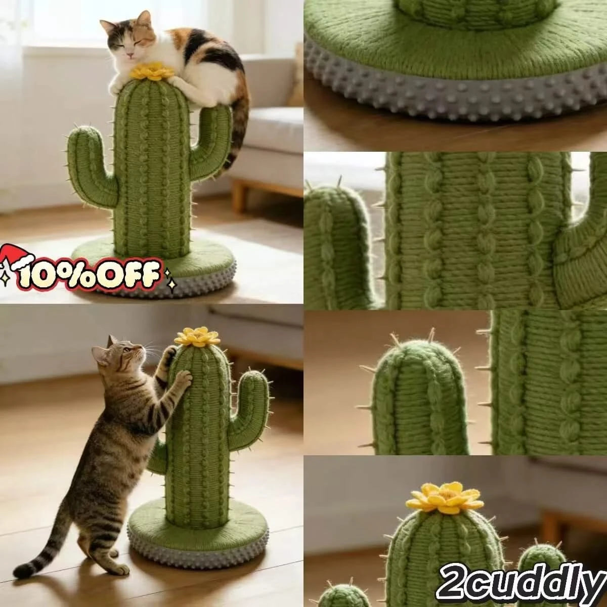 Climbing Cat Scratcher, Cactus Shape, Sturdy Base, Green, Interactive Play, All-Season