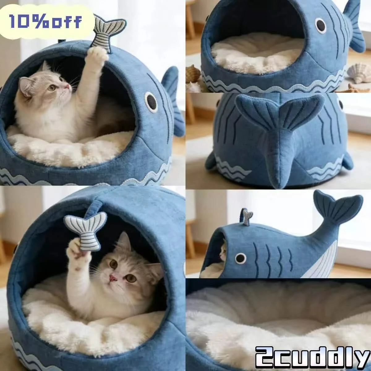 Playful Cat Bed, Whale Cave Design, Canvas Exterior, Entertainment Set, Blue
