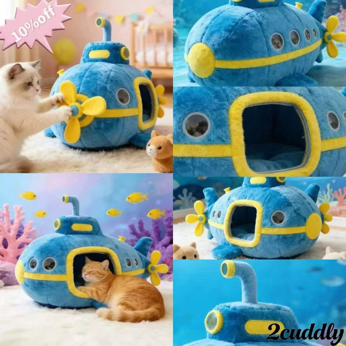 Dreamy Cat Bed, Submarine Shape, Warm Lining, Blue & Yellow, Underwater Themed
