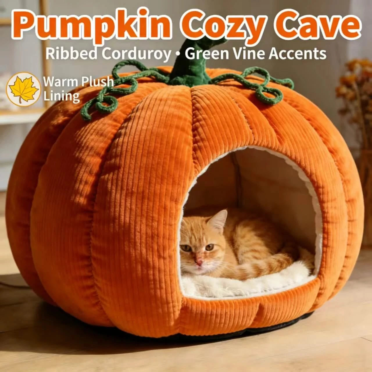 Warm Cat Bed, Pumpkin Shape, Corduroy Material, Soft Lining, Orange, Fall Themed