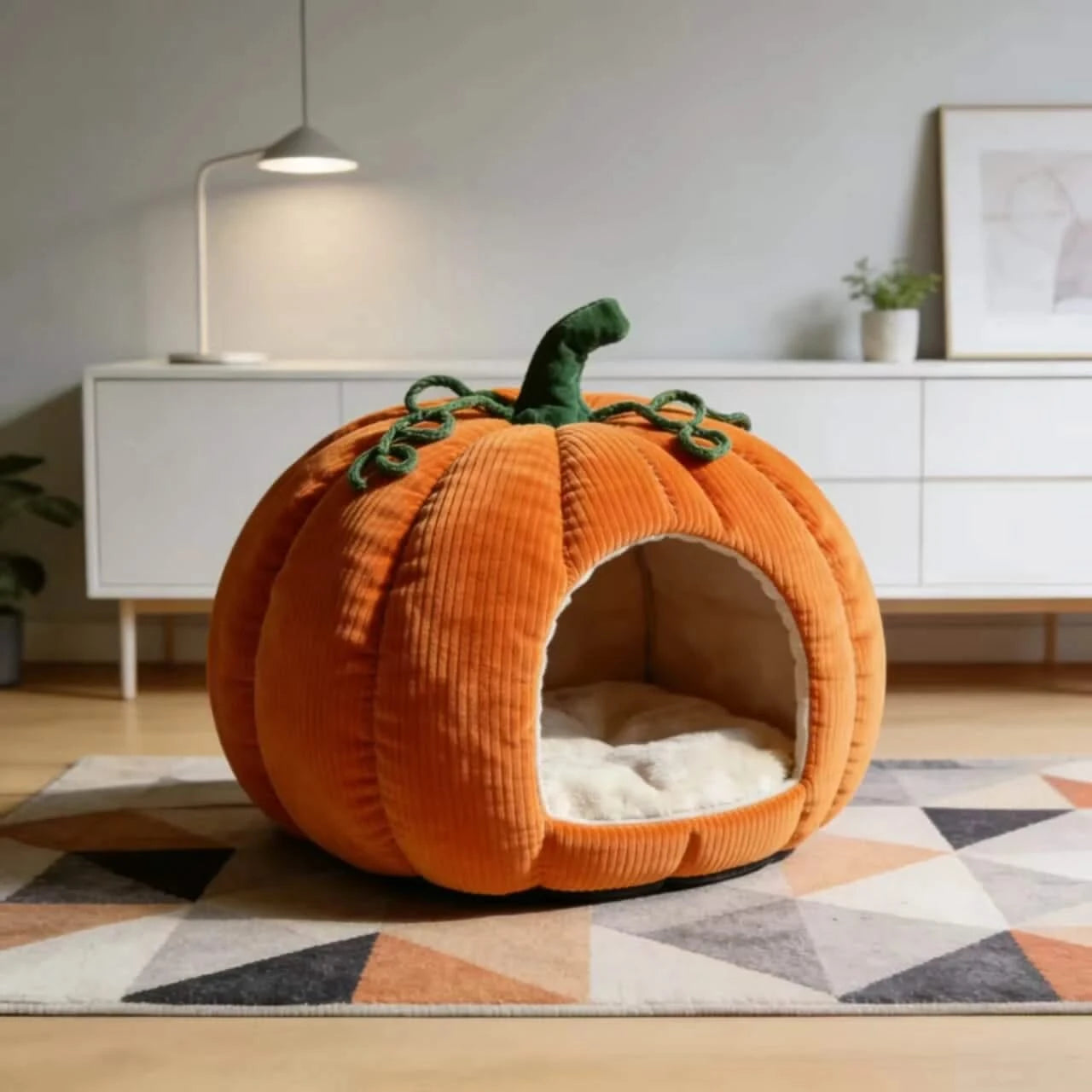 Warm Cat Bed, Pumpkin Shape, Corduroy Material, Soft Lining, Orange, Fall Themed