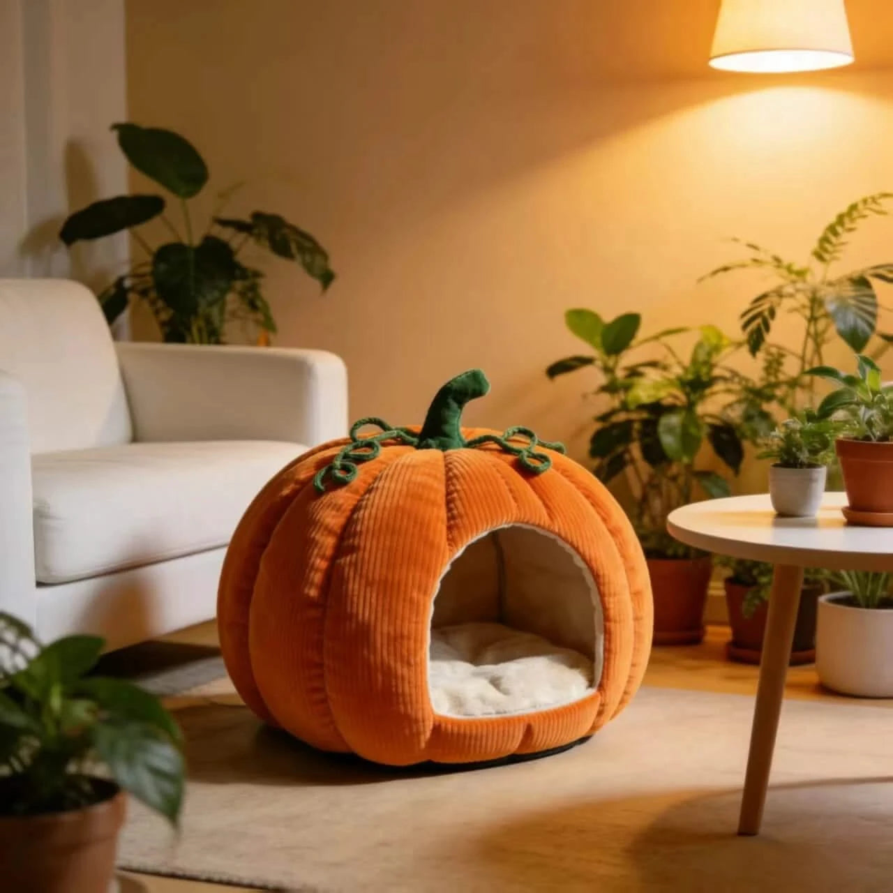 Warm Cat Bed, Pumpkin Shape, Corduroy Material, Soft Lining, Orange, Fall Themed