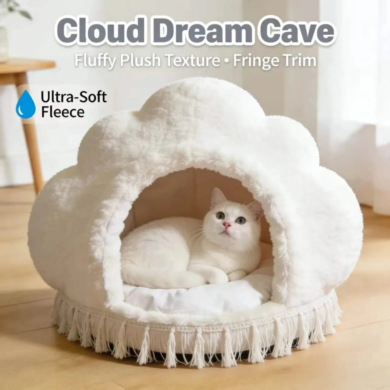 Calming Pet Bed for Cats, Cloud Shape, Plush Fabric, White, Reinforced Seams, Anxiety Relief