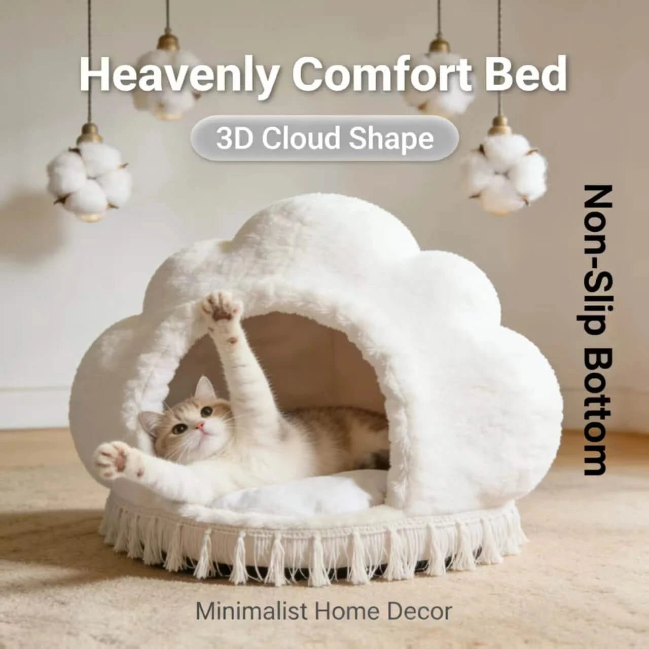 Calming Pet Bed for Cats, Cloud Shape, Plush Fabric, White, Reinforced Seams, Anxiety Relief