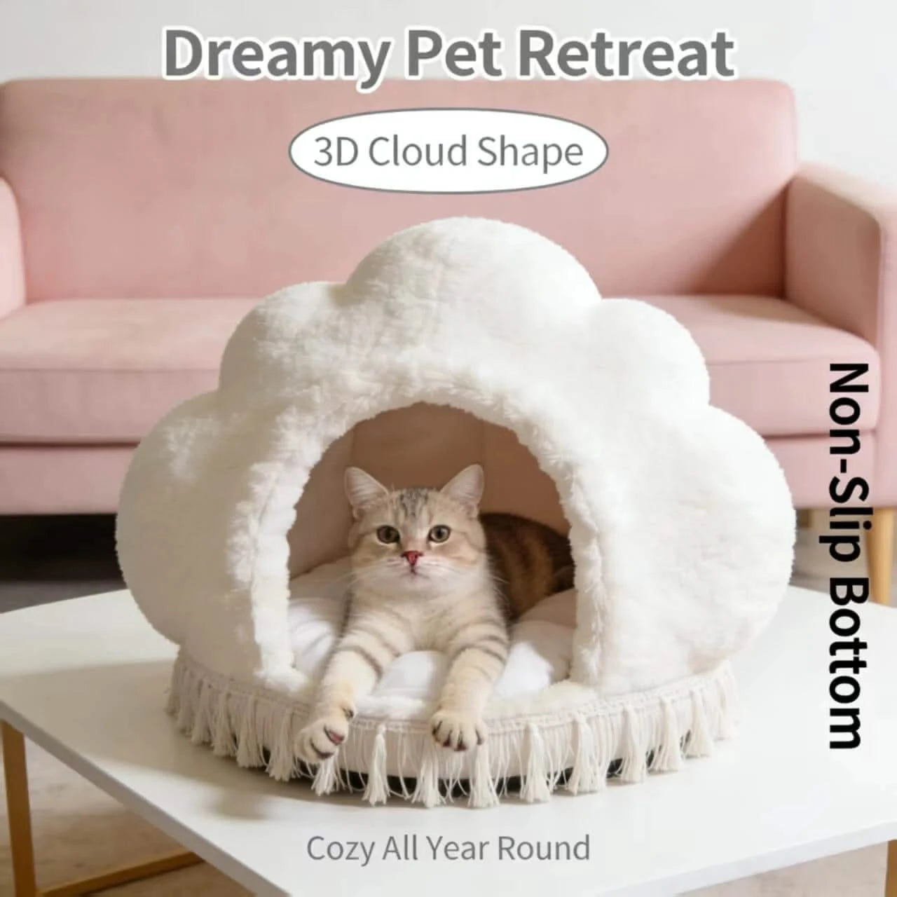 Calming Pet Bed for Cats, Cloud Shape, Plush Fabric, White, Reinforced Seams, Anxiety Relief