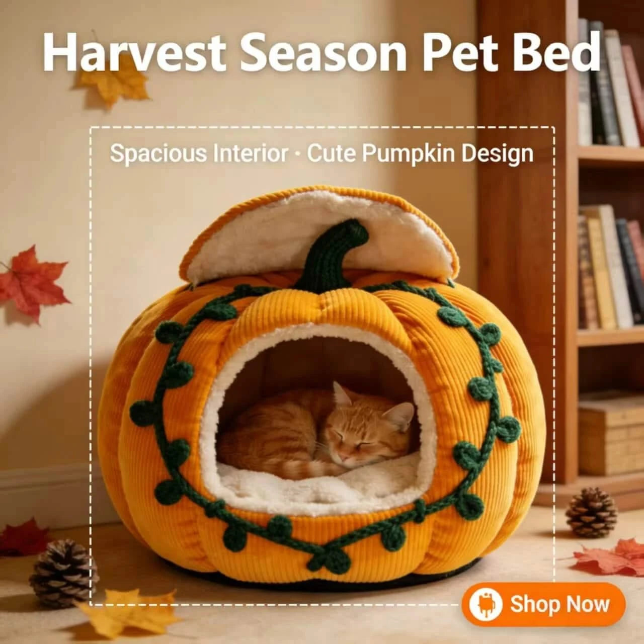  Fall-Themed Cat Bed, Pumpkin Cave Design, Soft Plush, Yellow, Harvest Season Decor, Cozy Nest