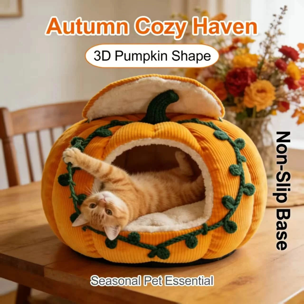  Fall-Themed Cat Bed, Pumpkin Cave Design, Soft Plush, Yellow, Harvest Season Decor, Cozy Nest