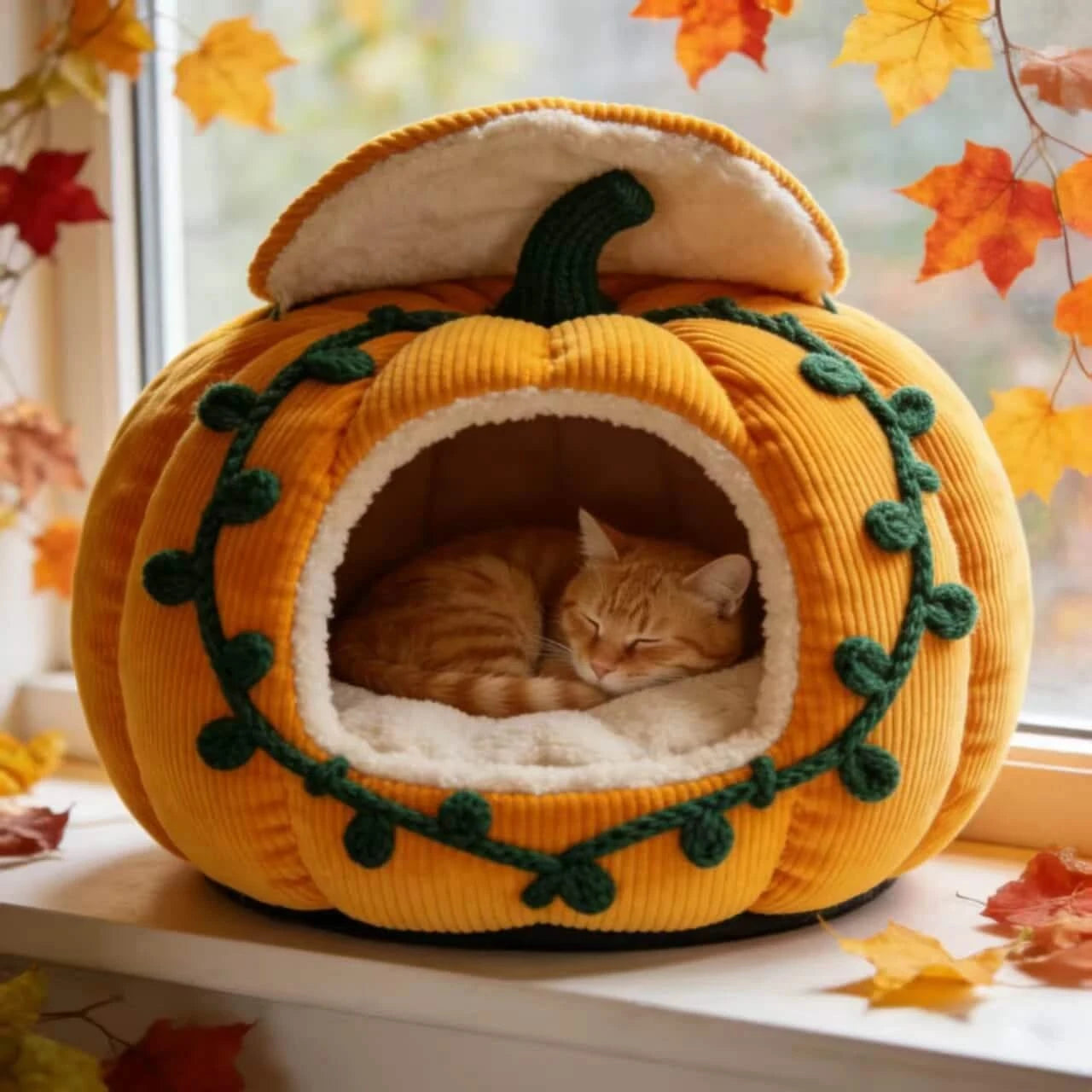  Fall-Themed Cat Bed, Pumpkin Cave Design, Soft Plush, Yellow, Harvest Season Decor, Cozy Nest