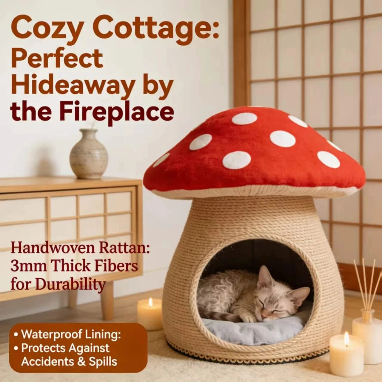  Cozy Cat Bed, Mushroom Cave Design, Soft Cushion, Red/White, Forest Theme Nest, All-Season