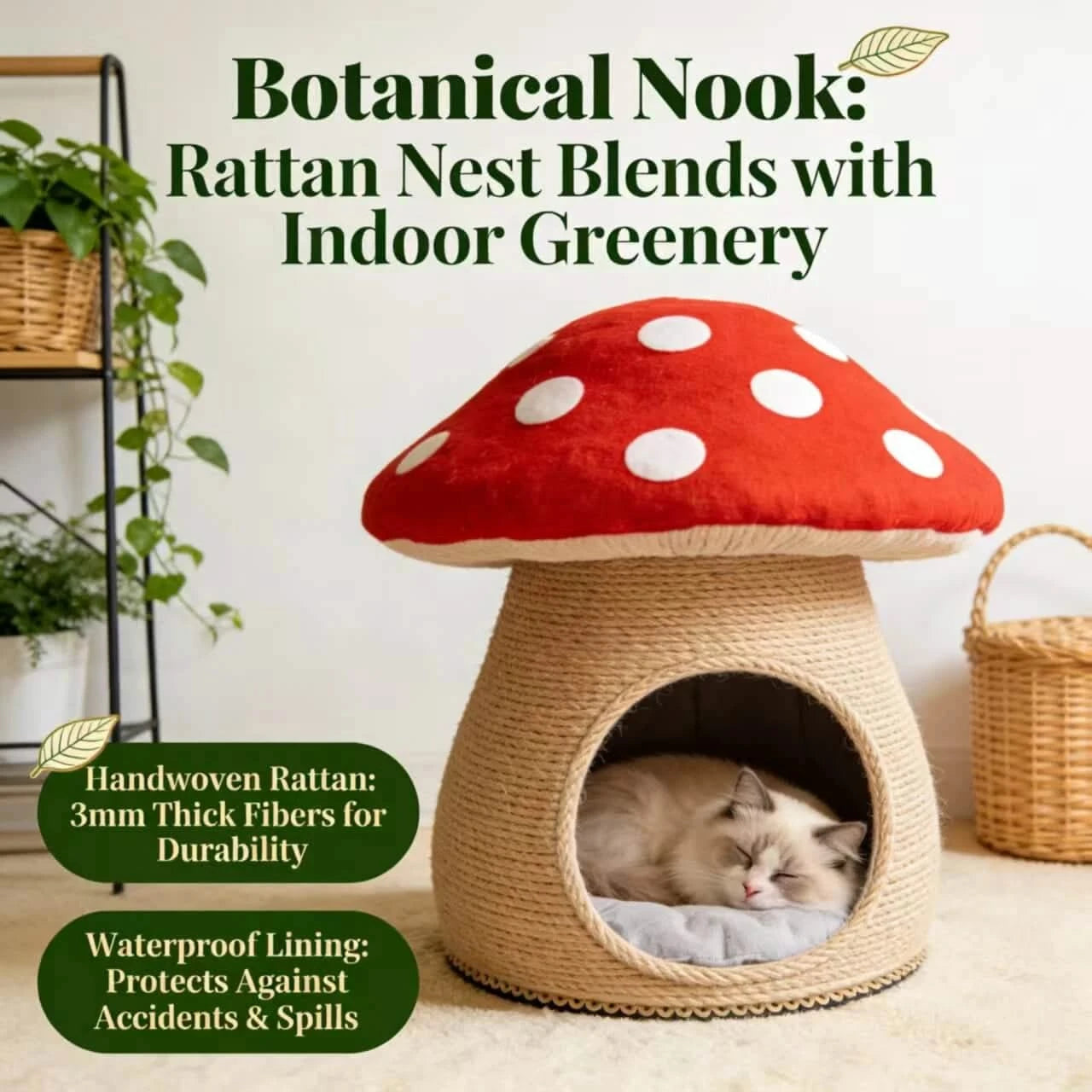  Cozy Cat Bed, Mushroom Cave Design, Soft Cushion, Red/White, Forest Theme Nest, All-Season