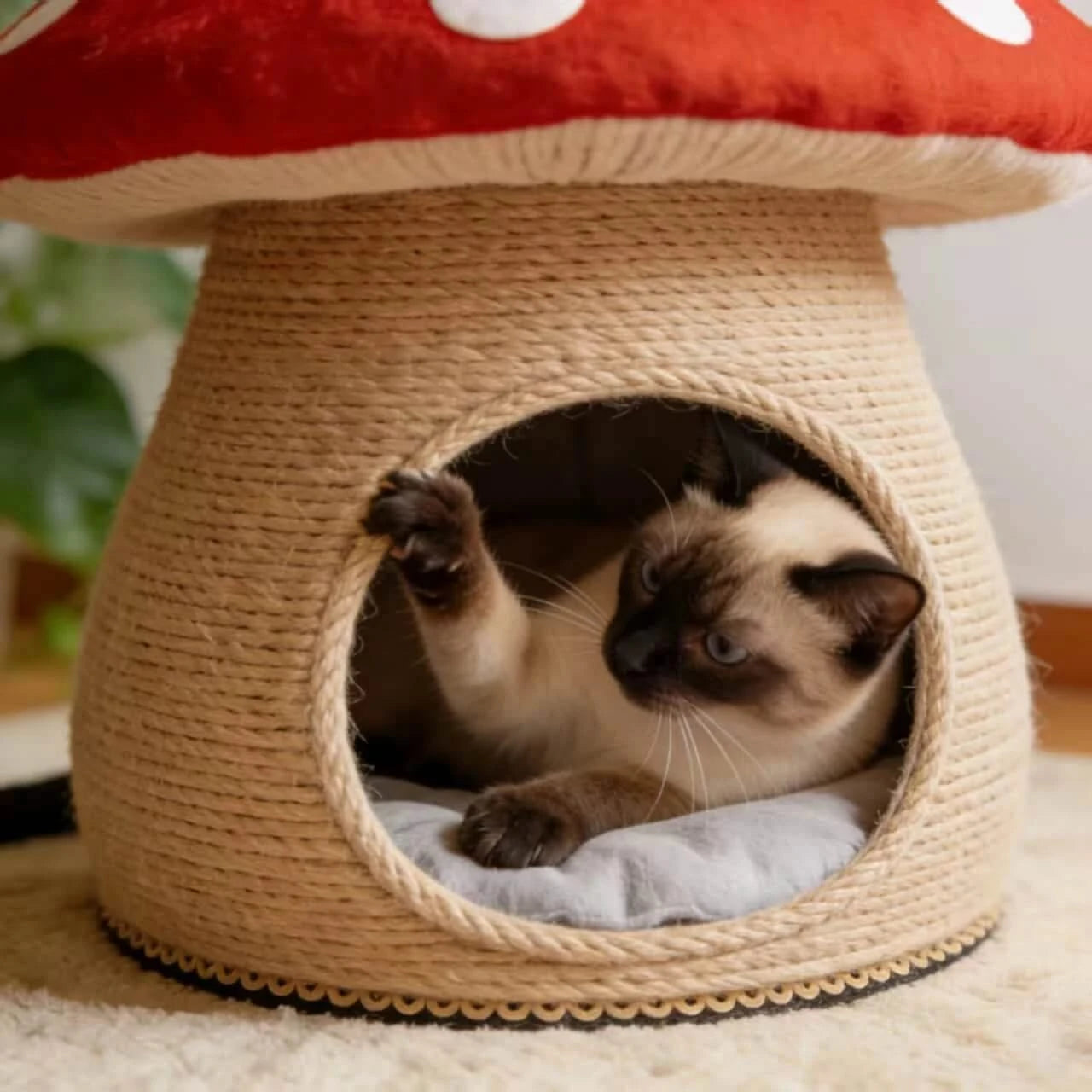  Cozy Cat Bed, Mushroom Cave Design, Soft Cushion, Red/White, Forest Theme Nest, All-Season