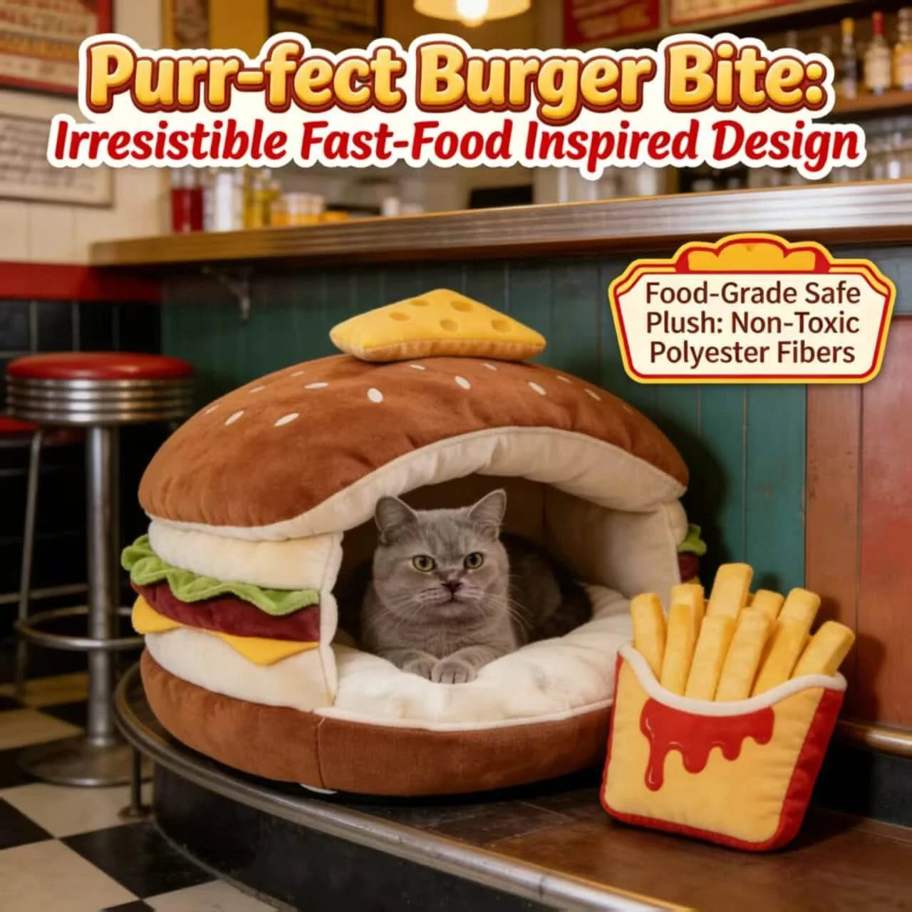  Novelty Hideaway Cat Bed, Hamburger Shape, Non-Toxic Fabric, Retro Decor Fit