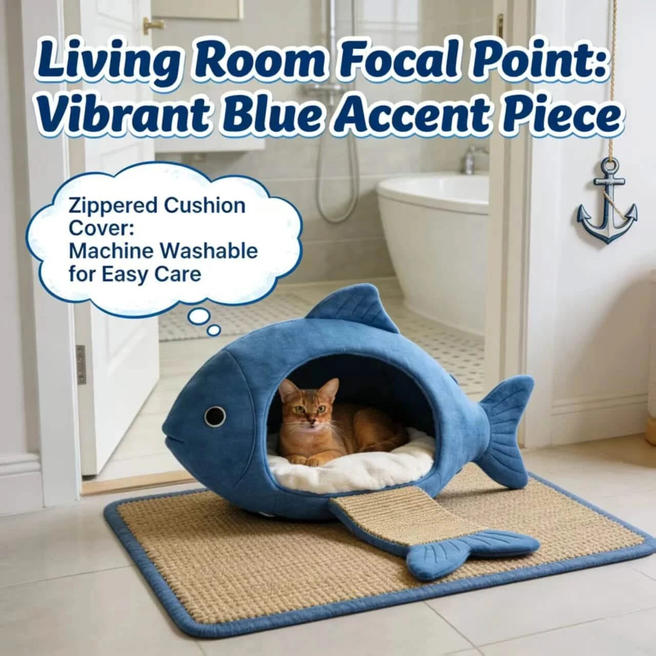 Sunlit Pet Bed for Cats, Shark Shape, Plush Fabric, Blue/White, Morning Nap Perch, All-Season