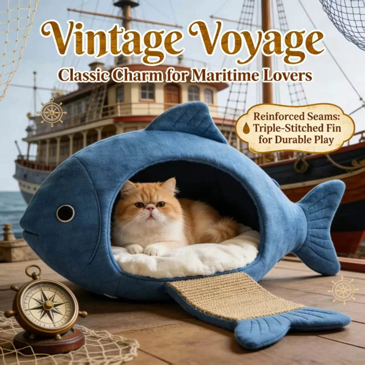 Sunlit Pet Bed for Cats, Shark Shape, Plush Fabric, Blue/White, Morning Nap Perch, All-Season