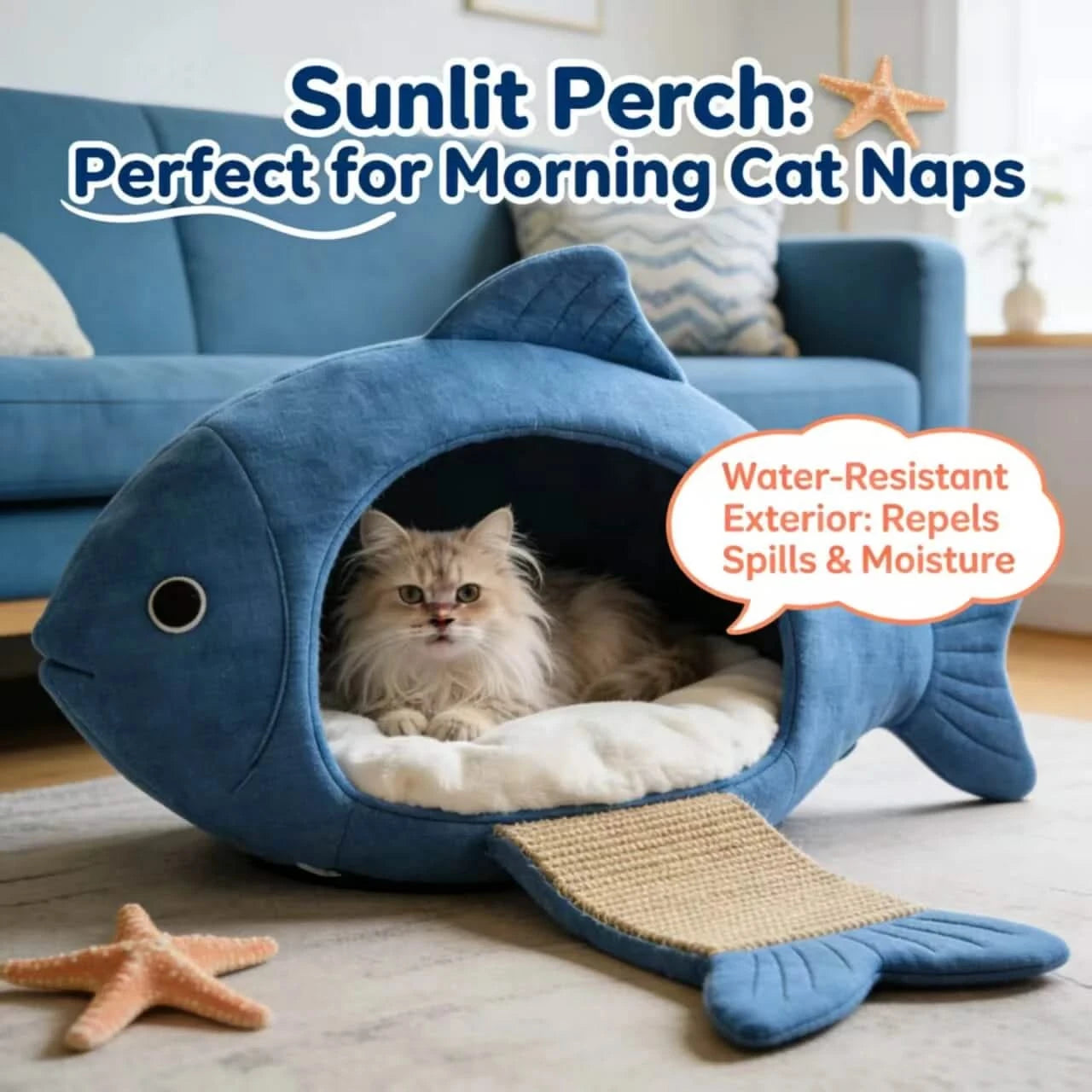 Sunlit Pet Bed for Cats, Shark Shape, Plush Fabric, Blue/White, Morning Nap Perch, All-Season