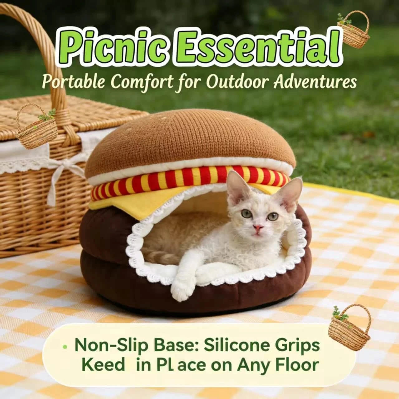 Countertop Cat Bed, Burger Design Cave, Food-Safe Plush, Non-Toxic Material