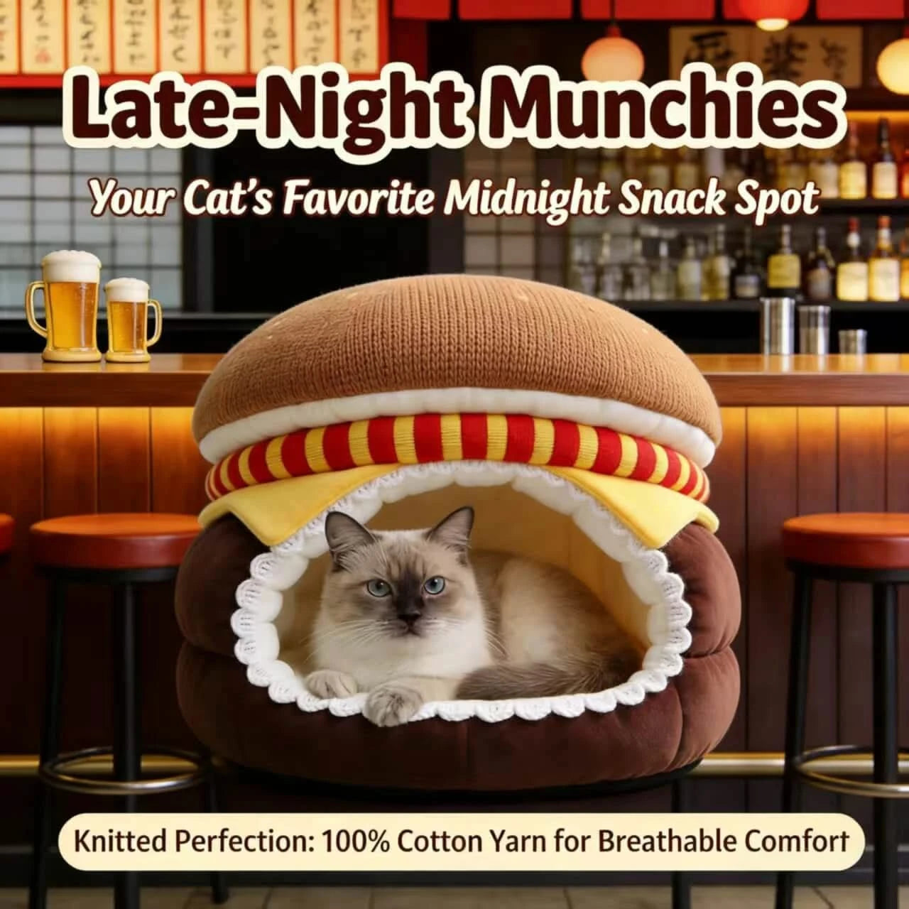 Countertop Cat Bed, Burger Design Cave, Food-Safe Plush, Non-Toxic Material
